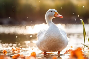 Graceful swan in natural beauty. Closeup portrait by white lake. Elegant waterfowl. Cute duck swimming in wild outdoors. Serene scene. Brown goose by reflective pond in summer