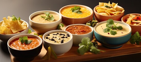 Assorted Mexican dishes with cheese sauce. - obrazy, fototapety, plakaty