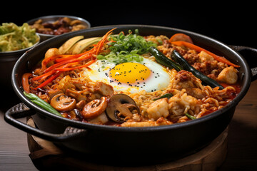 Korean Budai jjigae is ready to be served. (Generative AI) 