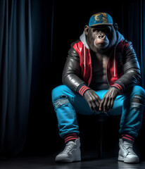Creative animal concept. Ape full body in hip hop stylish fashion isolated on dark background, commercial, editorial advertisement, surreal, copy text space	
