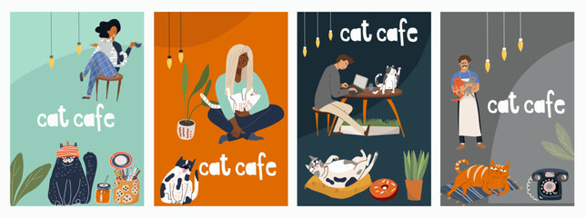 Set of vector cards with cartoon cat cafe characters, cat, animal friendly, small business graphics, customer and barista. Modern flat vector. - obrazy, fototapety, plakaty