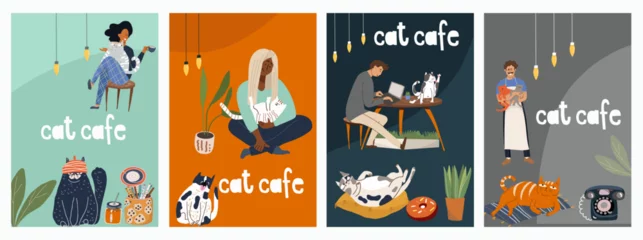 Foto op Aluminium Set of vector cards with cartoon cat cafe characters, cat, animal friendly, small business graphics, customer and barista. Modern flat vector. © Natalia