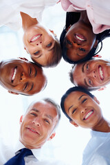 Portrait, huddle or business people with smile, support and professionals with partnership, team...