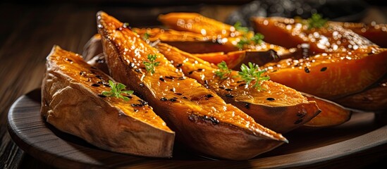 Closeup of Japanese roasted sweet potato on wooden plate, wooden table.