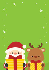 雪のフレームとプレゼントを持つサンタとトナカイ、背景黄緑色