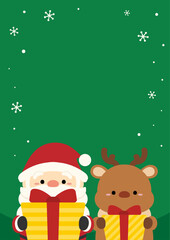 雪のフレームとプレゼントを持つサンタとトナカイ、背景緑色