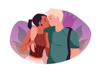 Enamored young couple hugging and kissing, vector love relationship romantic spending time together on floral background