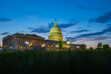 Washington DC. Capitol building. USA Congress, Washington D.C. Grass, park, night shoot.