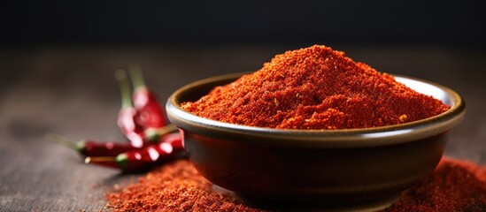 Bowl of Korean chili powder for cooking, with chili flakes.