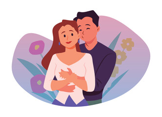 Enamored young couple hugging and kissing, vector romantic love relationship enjoying time together on floral background