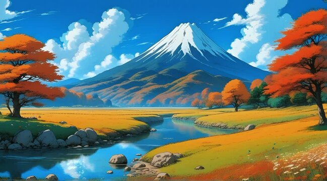 Beautiful landscape with rivers and mountains in the autumn season, cartoon or anime illustration style. 4K timelapse seamless looping video