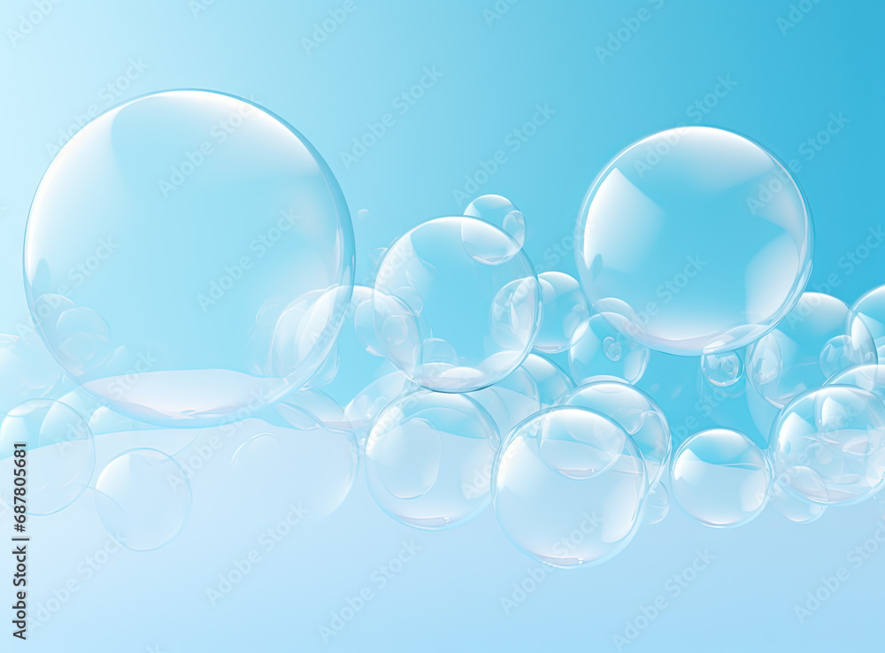 Aufkleber Soaring bubbles on blue background. Abstract soap bubbles floating background.