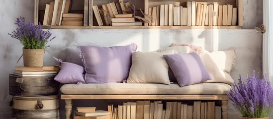 Photo sur Plexiglas Style bohème Country cottage inspired interior design featuring rustic elements such as boho cushions, lavender blooms, and antique books.