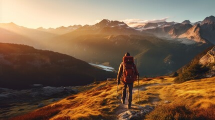 Fototapeta premium man hiker with camping backpack passing through rocky mountain savanna