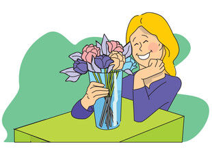 happy girl with a bouquet of flowers vector illustration