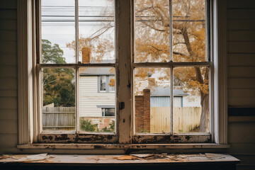 A white wooden farm house with rusty anged windows, picture taking through a window from this house inside, with the view on of a city street...