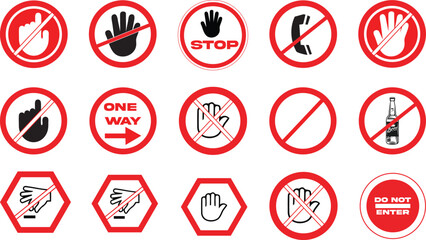 Stop red icon set with hand, do not enter isolated vector illustration.