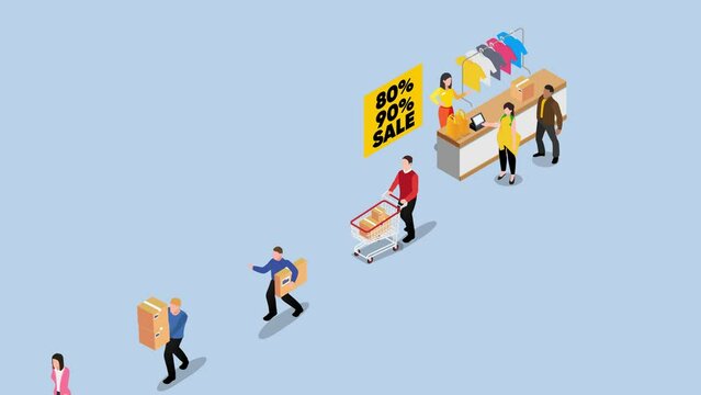 Customers with goods in trolleys stand in line at shop with saleswoman on cashier desk
