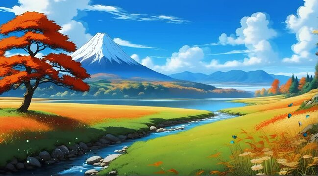 Beautiful landscape with lake and mountains in autumn, fantasy background animation