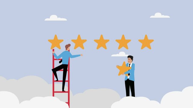 Review or rating. Business team stands on ladder and gives 5 star