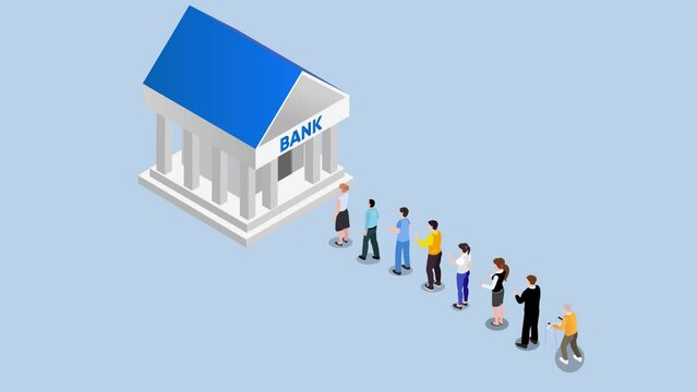 People queue at bank. Crowd waiting in line