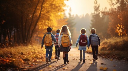Obraz premium Group of young children walking together in friendship, embodying the back-to-school concept on their first day of school
