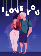 Enamored lovers hugging and kissing on I love you vector poster, romantic young couple in love relationship
