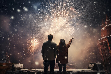 Rear view of happy couple celebrate New Year night and watching fireworks. Celebrations, festive