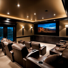  Inviting home theater with plush seating, dimmable lights, and a large projection screen
