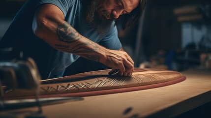 Closeup shot of a man measuring and cutting wood planks for a DIY home improvement project, building a deck in the summer - obrazy, fototapety, plakaty