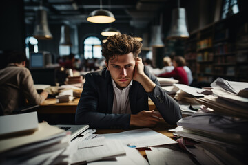 Stressed businessman feeling tired and headache. Problems in the workplace, overwork concept - obrazy, fototapety, plakaty