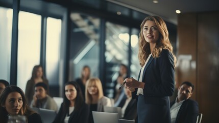 Confident businesswoman delivering a corporate presentation at a seminar or conference. The image showcases her expertise and leadership skills in a professional setting - obrazy, fototapety, plakaty