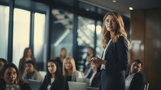 Confident businesswoman delivering a corporate presentation at a seminar or conference. The image showcases her expertise and leadership skills in a professional setting