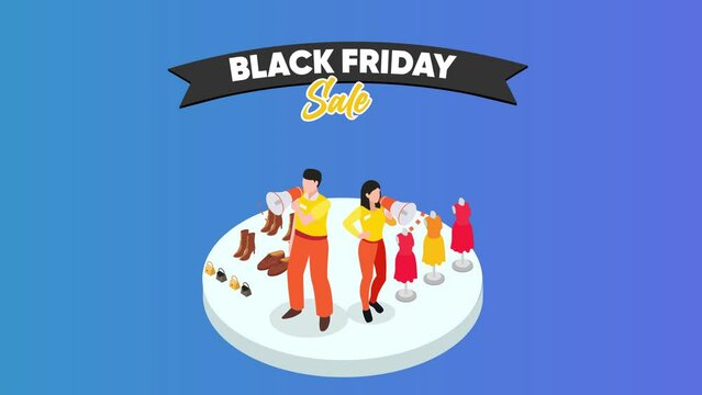Retail Sellers hold megaphone refers people to shop on Black Friday