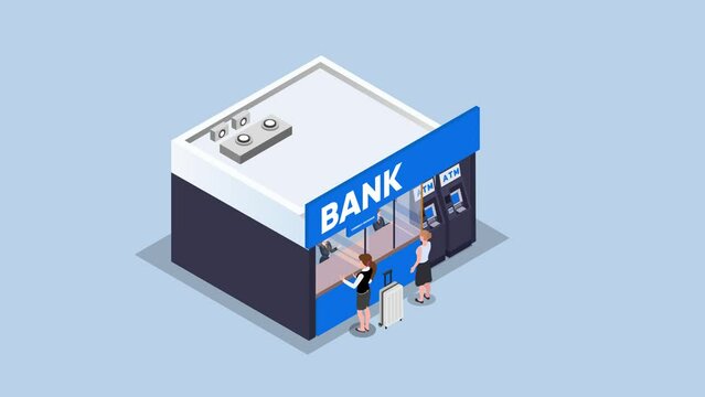 Bank exterior building with ATM machines and customer service