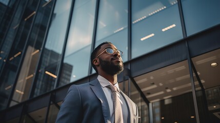 Low-angle view of a successful, confident African American man standing optimistically in front of a corporate building, embodying business acumen