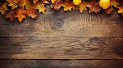Obraz premium Autumn leaves on wooden background with copy space. Top view