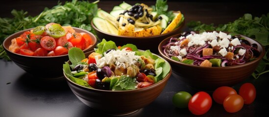 Assortment of nutritious salads: Greek, Pasta, Caesar, and Buddha bowl.