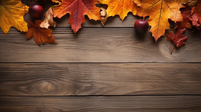 Autumn leaves on wooden background with copy space. Top view