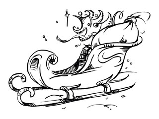 Sleigh of Santa Claus with a Christmas tree and gifts. Marry Christmas. Happy New Year