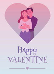 Enamored lovers hugging and kissing, flirting, vector cartoon romantic young couple in heart, Happy Valentine poster
