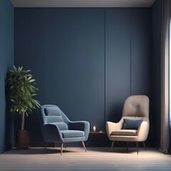 Cozy living room with a blue accent chair and patterned rug Generative AI