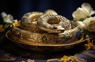 Chinese Zodiac sign snake made of gold among gold treasures