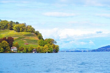 Grand mountain houses Swiss residences by Interlaken laker under cloudy-blue sky background 5