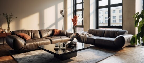 Contemporary apartment's leather sofas in the living space.