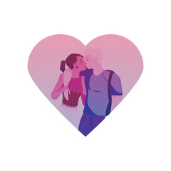Happy young enamored lovers hugging and kissing, flirting, vector cartoon romantic couple in heart