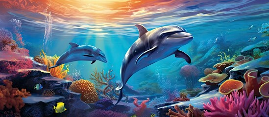Marine life postcard featuring dolphins, coral reef, and red fish.