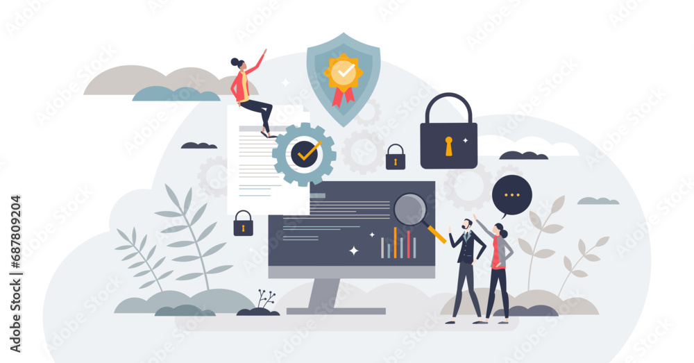Poster digital security and business information protection tiny person concept, transparent background. we