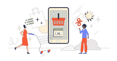 E-commerce as shopping on internet web shops retro tiny person concept, transparent background. Distant retail store with special price offers for mobile app users illustration.