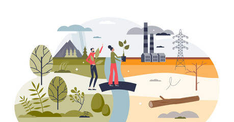 Environmental justice and CO2 control for green future tiny person concept, transparent background. Carbon reduction with forestation and ecological help illustration. Economy and nature balance.